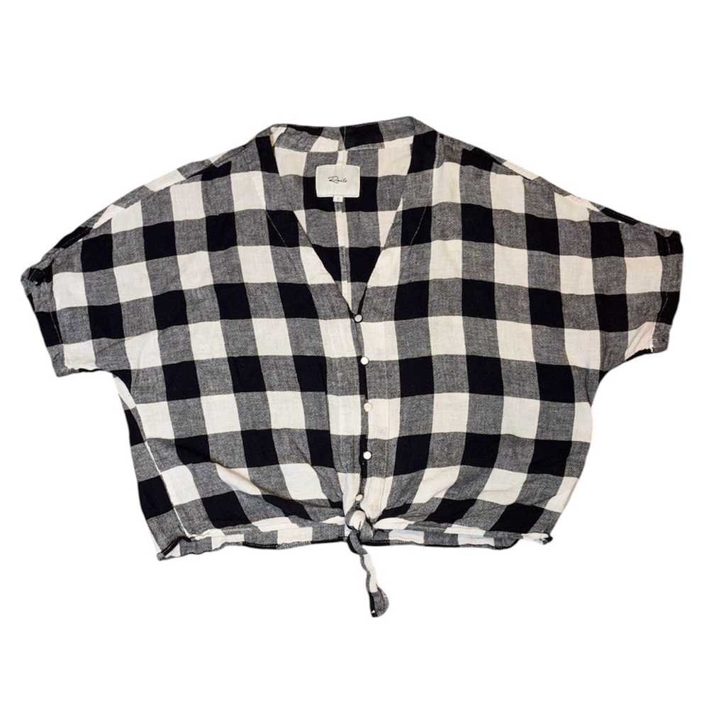 Black & White Buffalo Check Tie-Front Button Crop Top